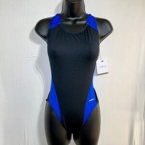Dolfin Womens One Piece Swimsuit Black Blue Colorblock Racerback Size 34 NEW